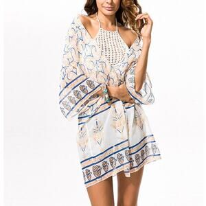 White, Gold, and Blue boho-style sheer kimono cardigan Cover Up One Size